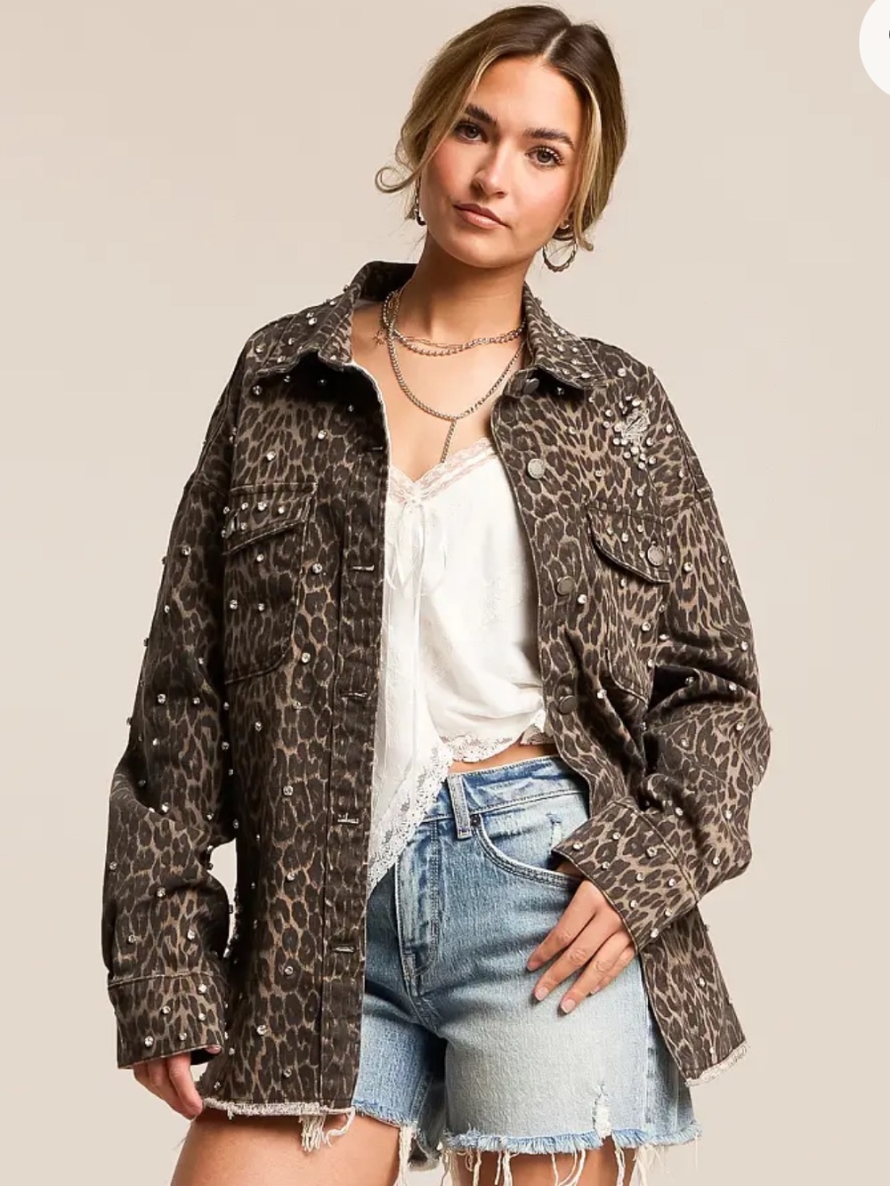 NWT Women’s Leopard Print Studded Shacket - Brown